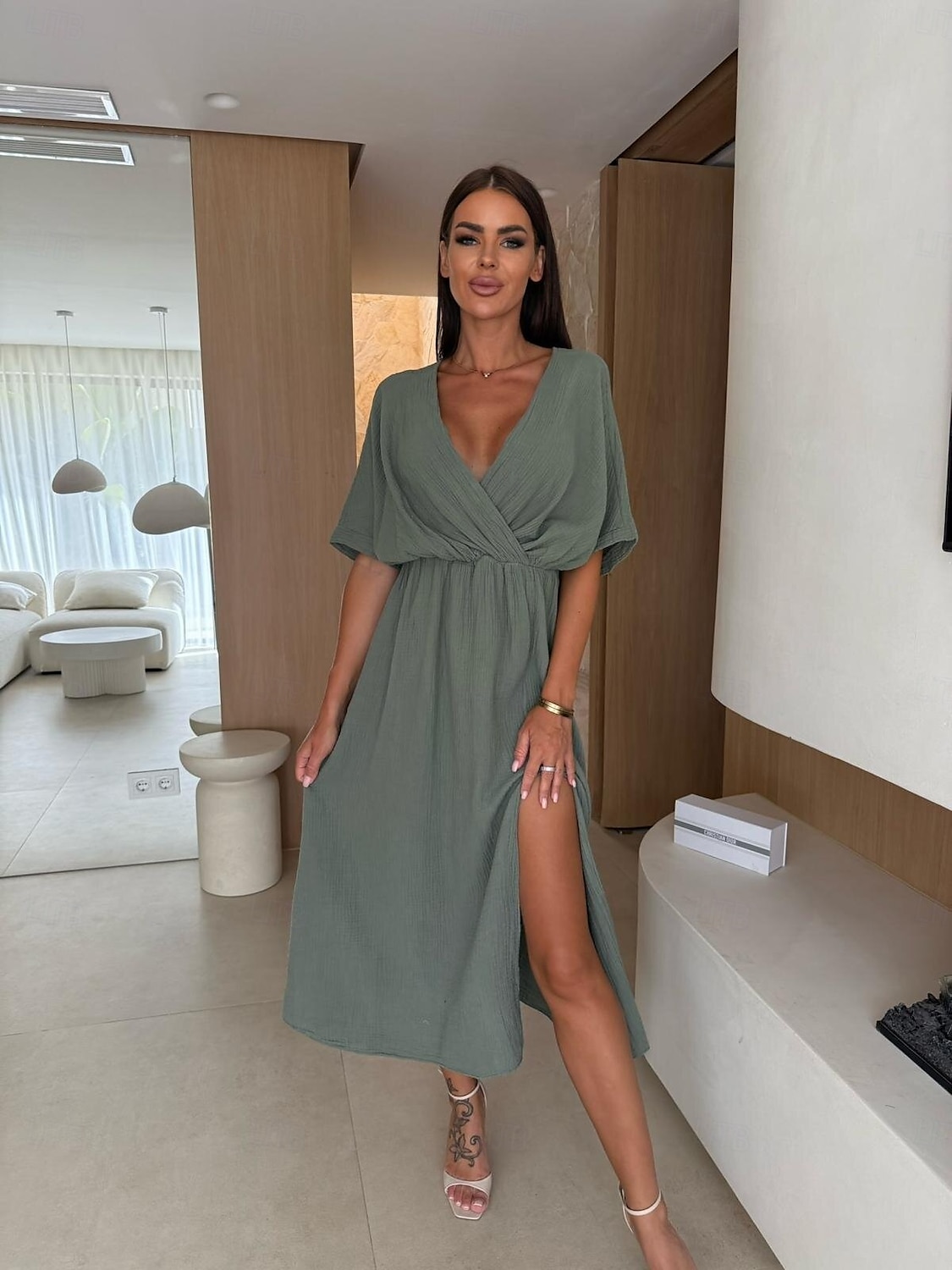 Dámské Midi šaty Swingové šaty Letní šaty Elegantní Denní Jdeme ven Letní šaty Běžný Čistá barva Poloviční rukáv Do V Černá Trávová zelená Meruňková Léto 2025 - $32.99 –P5