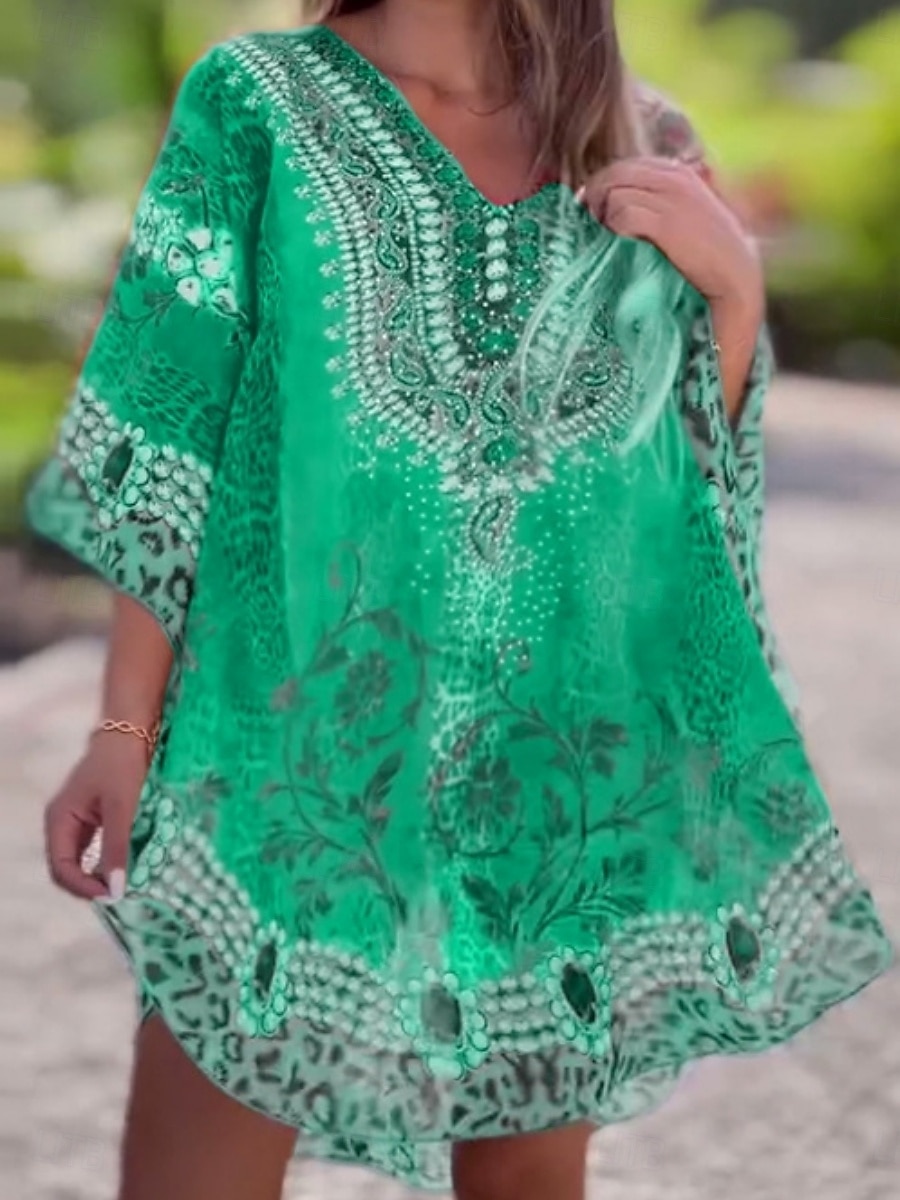 Women's Mini Dress A Line Dress Casual Boho Daily Holiday Beach Regular Fit Graphic 3/4 Length Sleeve V Neck Red Blue Green Summer Spring 2025 - $41.99 –P8