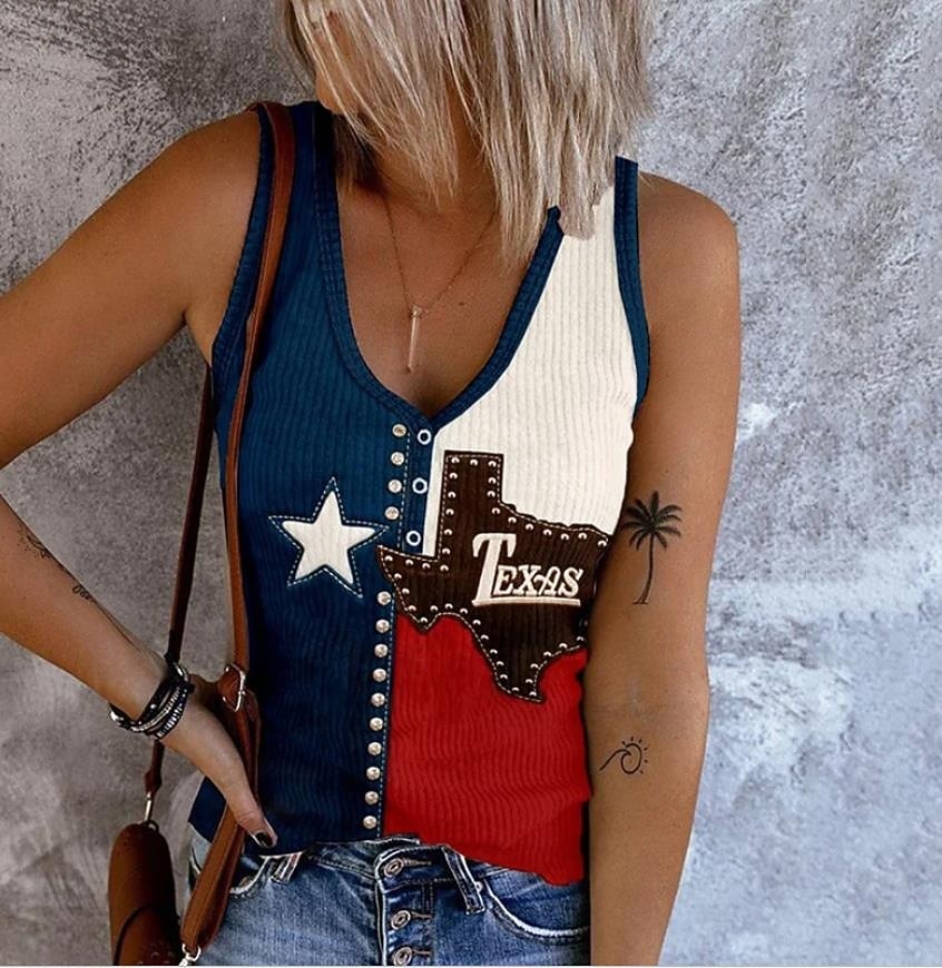 Unabhängigkeitstag Patriotische Damen Camisole Tank Top Grafik Flagge Vintage Tropical Stilvoll Ärmellos V-Ausschnitt Reguläre Oberteile Täglicher Druck Denim Blau Schwarz Weiß Rot Blau Sommer 2026 - $19.99 –P6