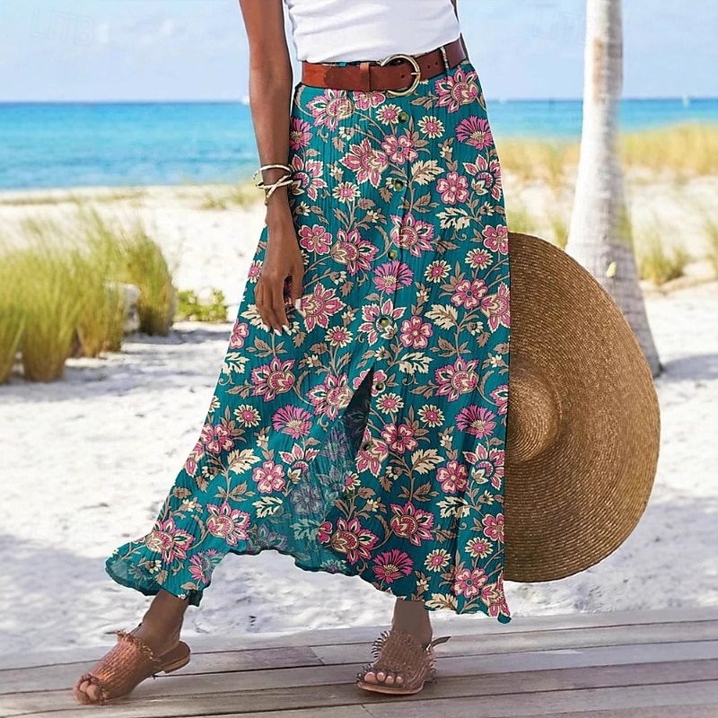 Damen Rock Lässig Boho Maxi Mittlere Hüfthöhe Röcke Blumen Druck Gespleißte Enden Mikroelastisch Urlaub Straße Dunkelgrün Sommer Polyester 2025 - $23.99 –P1
