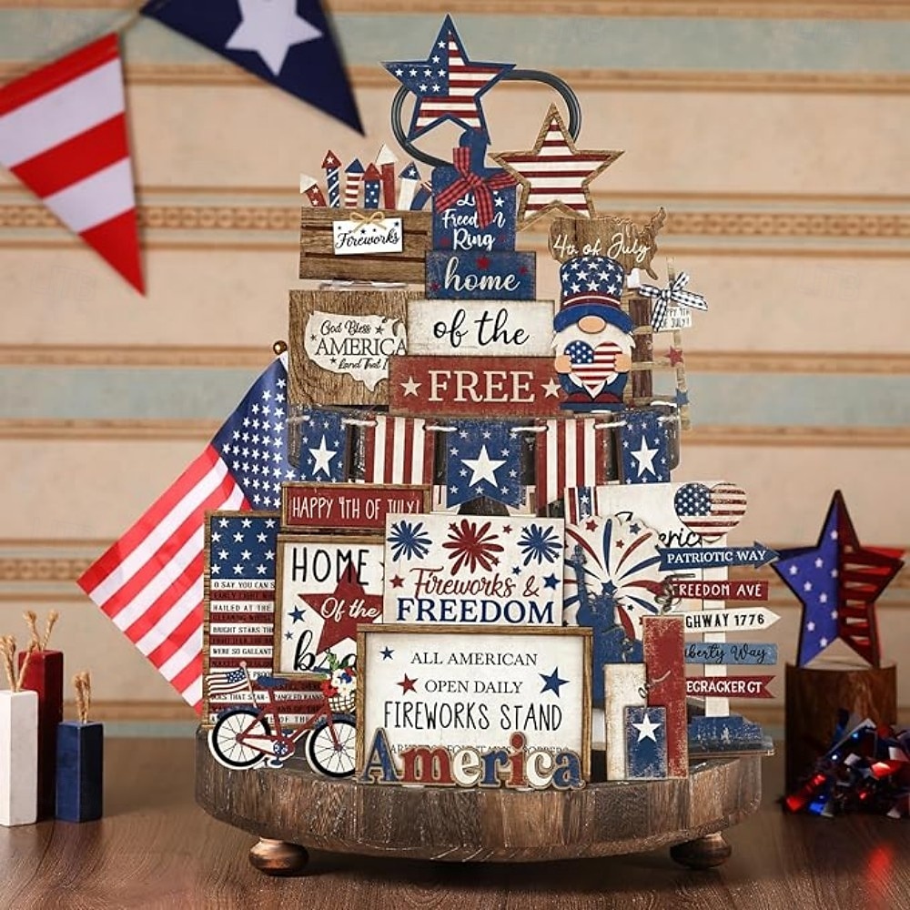 Patriotic Tiered Tray Decor Set for 4th of July and Memorial Day, Rustic Wooden Red White Blue Signs, Vintage Farmhouse Independence Day Table Decorations, Glow Americana Party Decor 2025 - $22.99 –P5