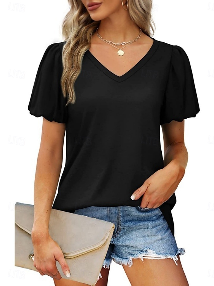 Femmes Chemisier Couleur Unie Quotidien Élégant Occasionnel Manche Courte Col en V Hauts Réguliers Quotidien Noir Blanche Vert Été Printemps de 2025 ? $17.99 –P4