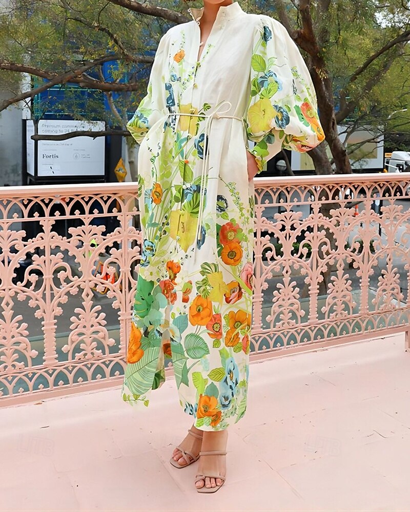 Pentru femei Rochie Lunga Rochie Maxi Rochii de in bumbac Rochie casual Modă Mâneci Bufante În aer liber Petrecere Concediu Fit regulat Floare Manșon Lung Guler Cămașă Trifoi Vară 2025 - $31.99 –P1