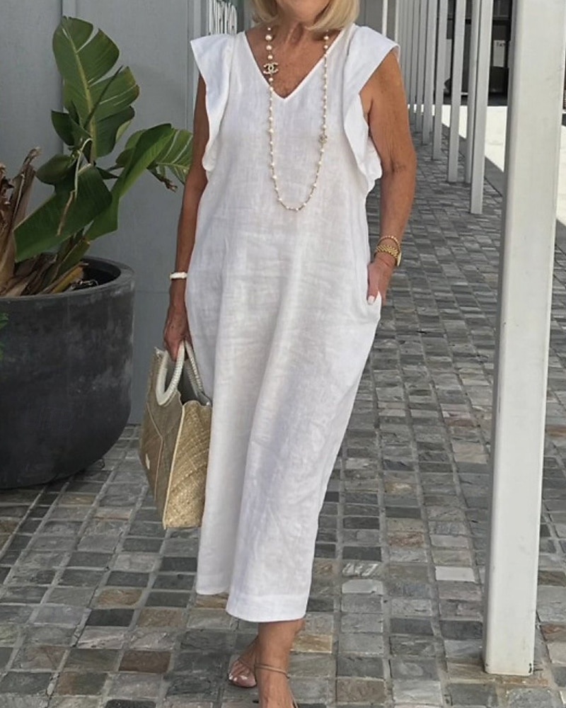 Pentru femei Rochie Lunga Rochie Maxi Rochii de in bumbac Rochie casual Modă În aer liber Petrecere Concediu Fit regulat Simplu Fără manșon În V Negru Alb Bleumarin Vară 2025 - $36.99 –P2