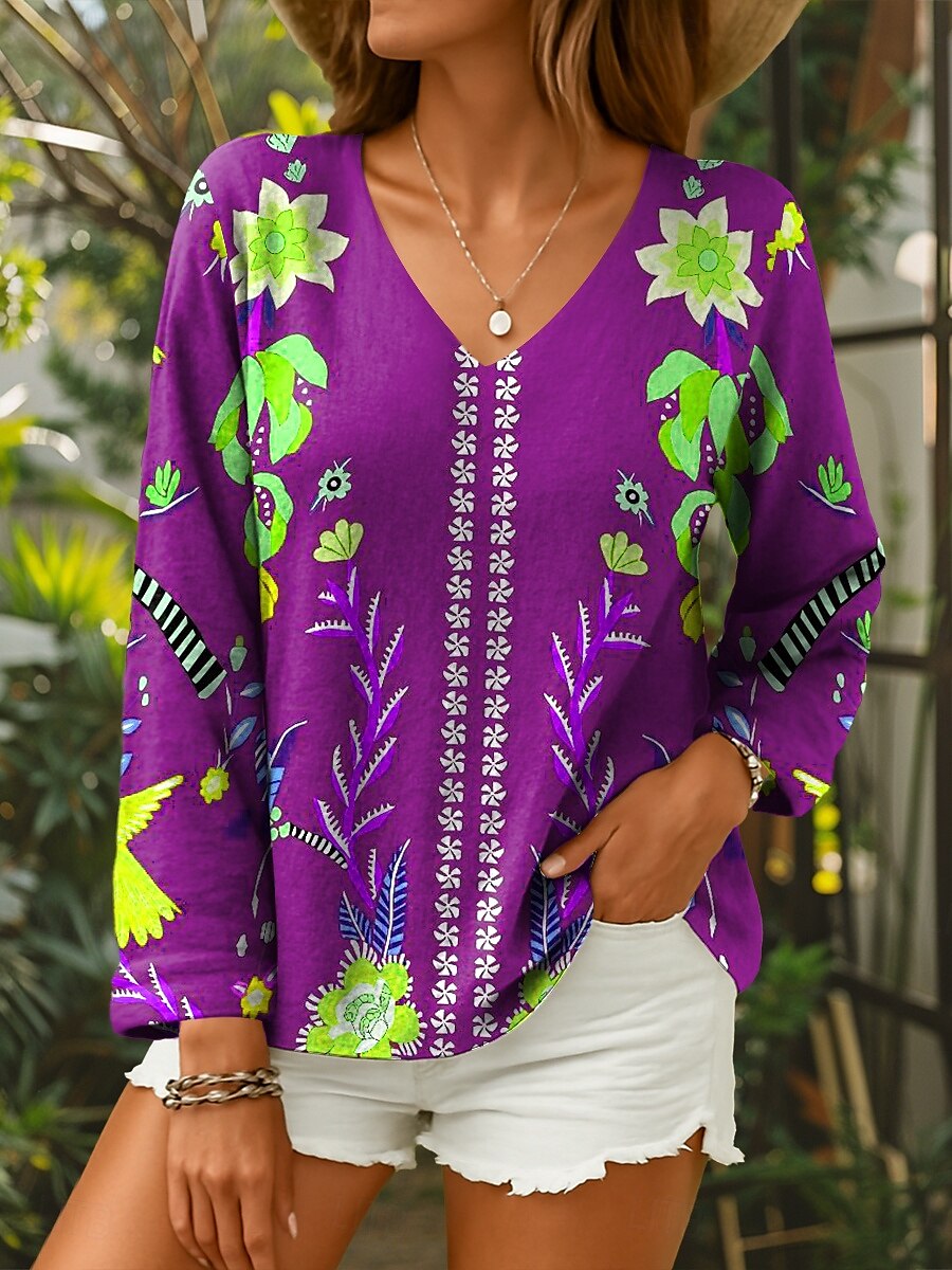 Dame Bluse Blomstret Grafisk Stilfull Fritid Langermet V-hals Vanlige topper Daglig Rød Blå Lilla Grønn Sommer Vår 2025 - $24.99 –P4
