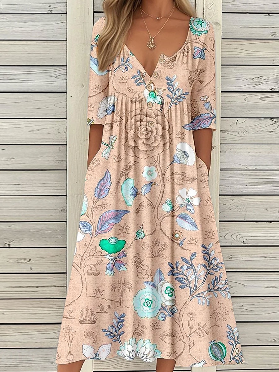 Women's Midi Dress Summer Dress Pleated Dress Vacation Casual Beach Holiday Regular Fit Floral Graphic Short Sleeve Crew Neck Blue Purple Orange Summer 2025 - $36.99 –P2