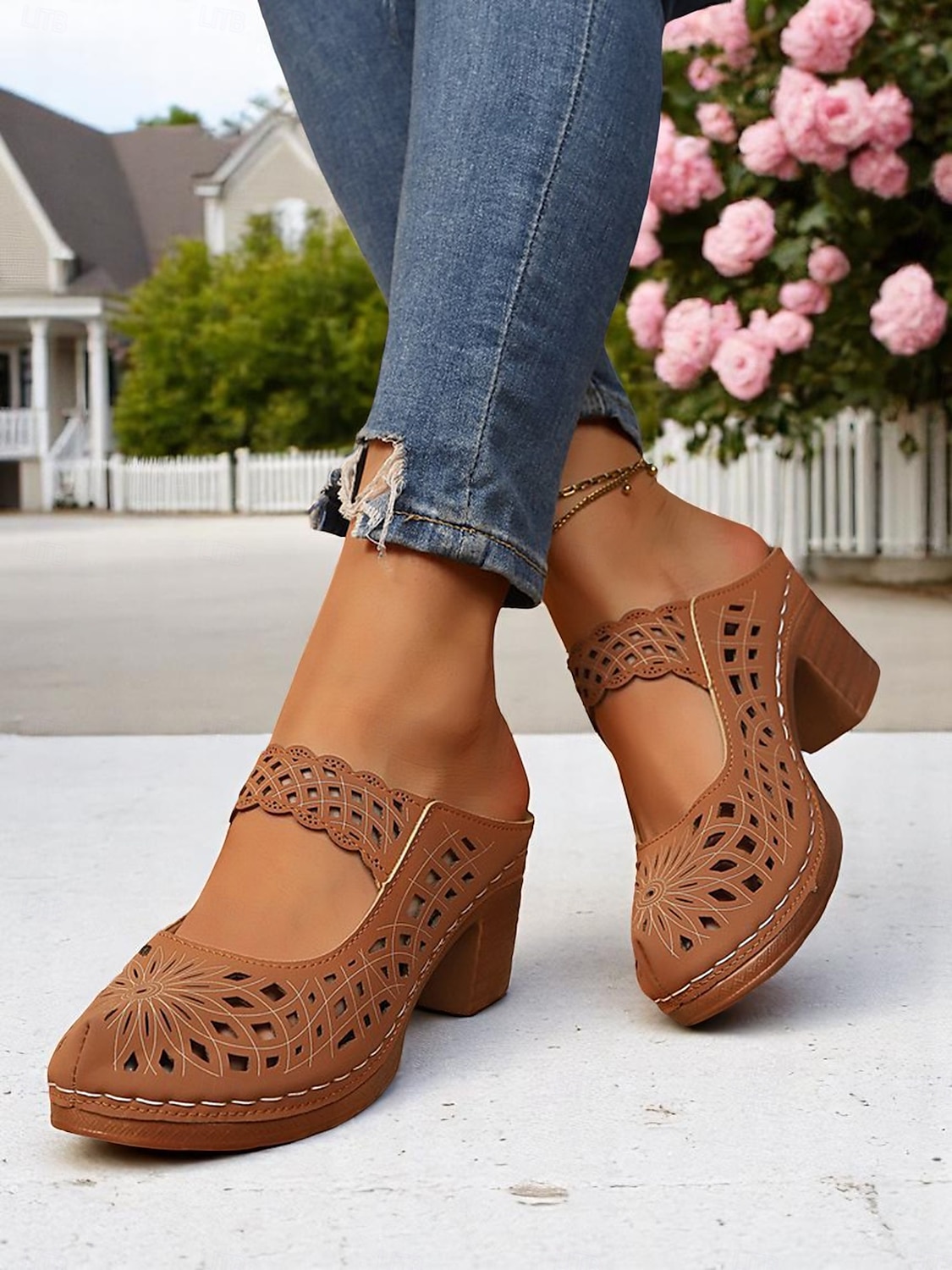Damslip-on ihåliga mules med grov klack – vintagesandaler i konstläder, perfekta för avslappnade promenader, brunch i trädgården, konstmässor utomhus och vårresor 2025 - $24.99 –P5