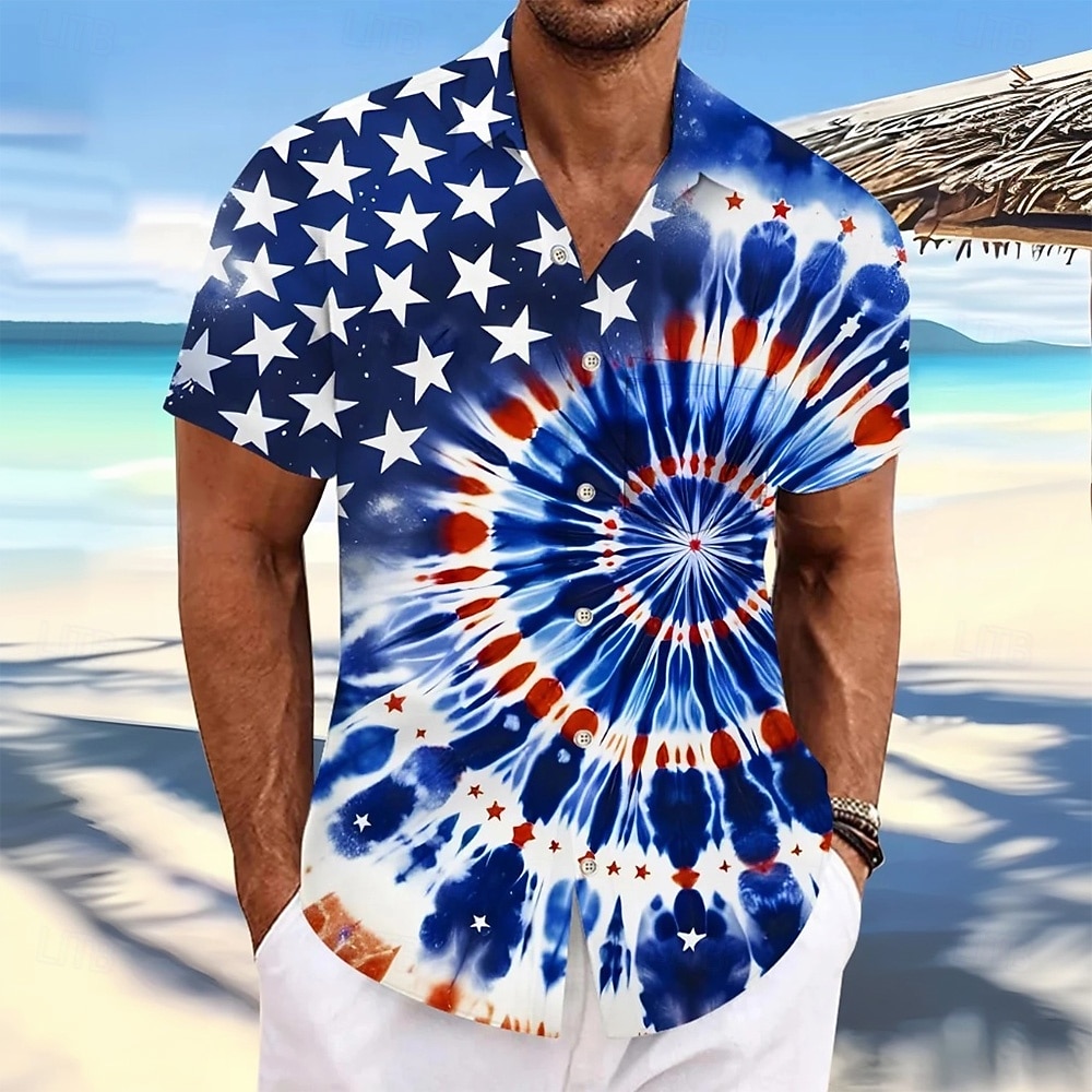 Den nezávislosti Pánské Americká americká vlajka Tie Dye tisk Vlastenec Košile Letní košile Košile na knoflíky Krátký rukáv Móda pro volný čas Dovolená Léto Jaro Přehnutý 3D tisk košile s límečkem 2025 - $23.99 –P1