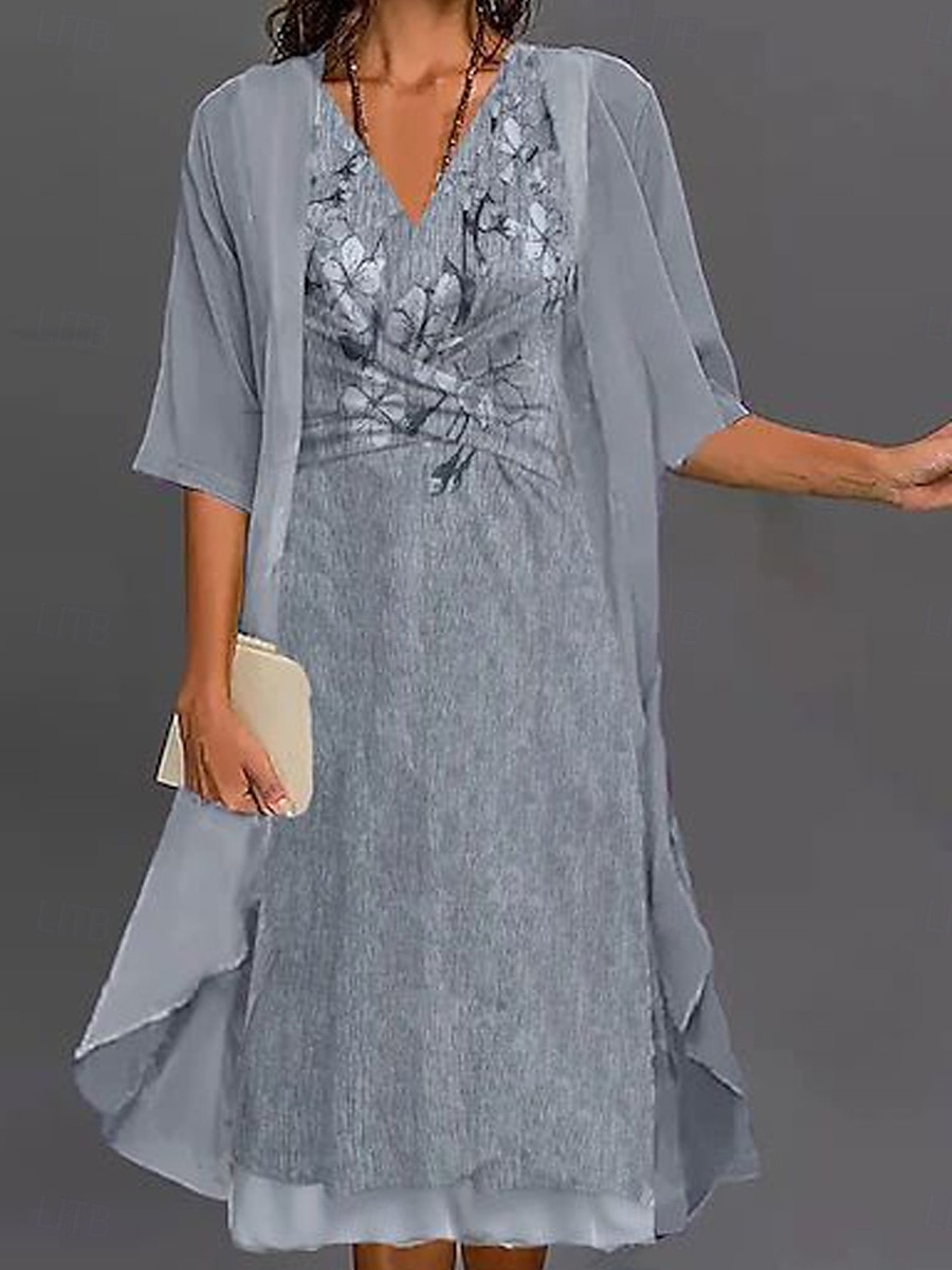 Women's Dress Set Sheath Dress A Line Dress Summer Dress Party Formal Floral Graphic Print Knot Front Mini Dress Half Sleeve V Neck Formal Vacation Gray Summer Spring Regular Fit 2025 - $51.99 –P1
