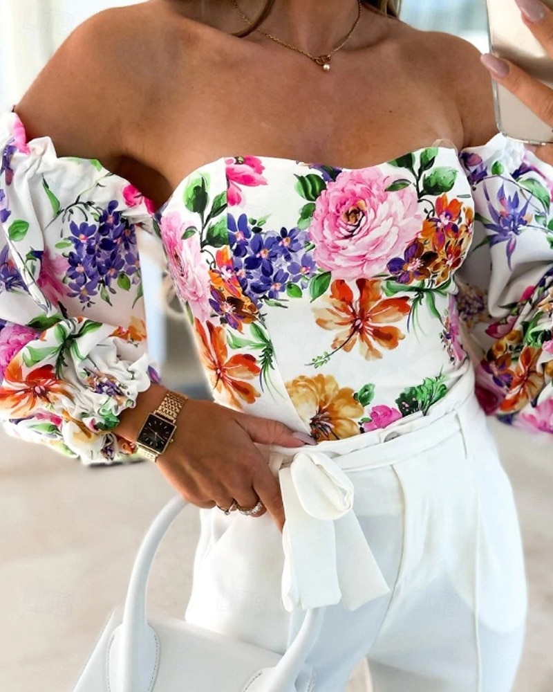 Damen Boho-Hemd Bluse Blume Modern Boho Langarm Schulterfrei Normale Oberteile Täglich Ausgehen Druck Erröten Sie Rosa Rosa Wein Rote Purpur Sommer 2025 - $21.99 –P1