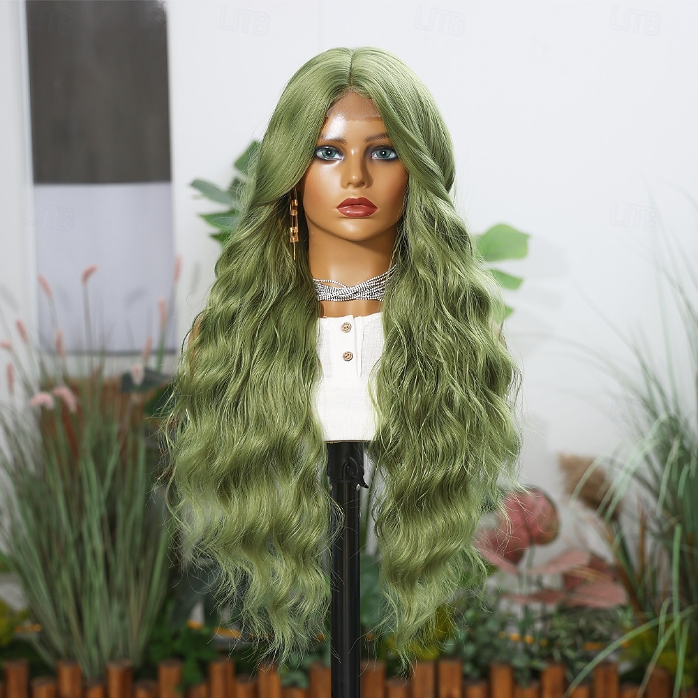 Parrucca in pizzo sintetico Riccio Stile 28 pollice Verde Riga centrale Parte a U Parrucca Per donna Parrucca Verde lago / Verde erba del 2025 a $40.99 –P2