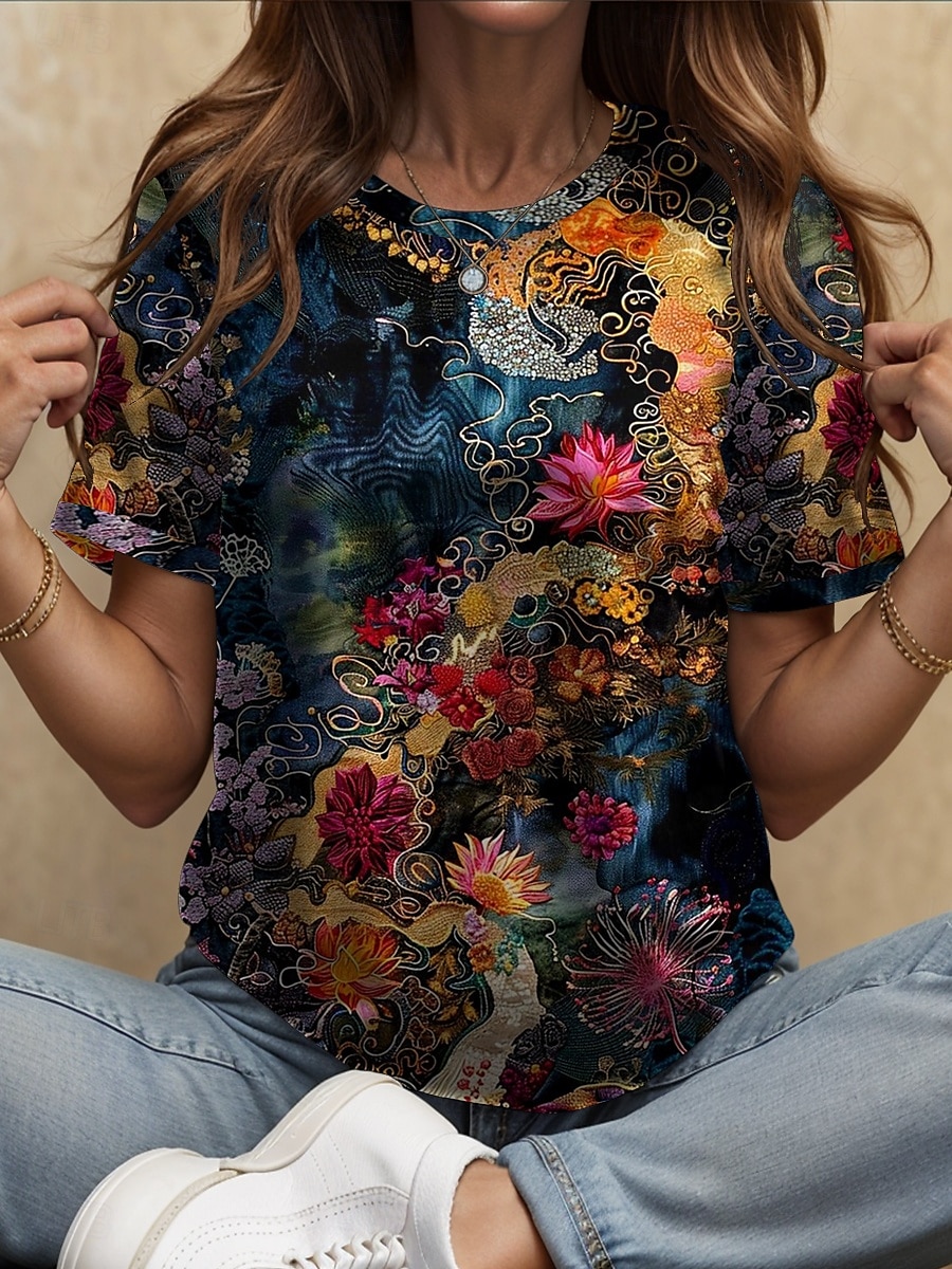 Femmes T-shirt Fleuri Graphique Plantes Bohème ancien Élégant Manche Courte Col ras du cou Col rond Hauts Réguliers Quotidien Sortir Week-end Imprimé Jaune Bleu Violet Vert Été Printemps de 2025 ? $21.99 –P1