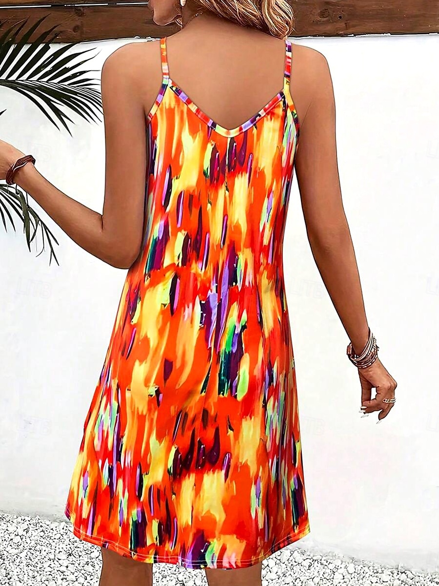 Femmes Mini Robe Robe trapèze Robe d'été Robe Nuisette Vacances Occasionnel Coupe régulière Graphique Bloc de Couleur Abstrait Sans manches Col en V Bleu Orange Été Printemps de 2025 ? $21.99 –P2