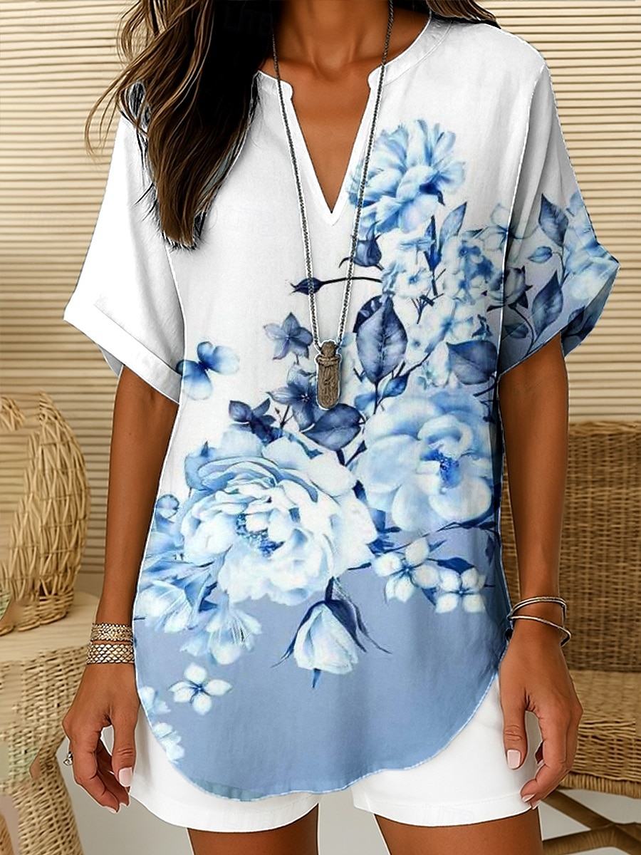Blouse Femme Col en V Ombre Graphique Floral Élégante Bohème Vintage Manches Courtes Col Noté Hauts Quotidien Vacances Sortie Vert Sauge Blanc Vert Clair Bleu Ciel Rose Pêche Été de 2025 ? $24.99 –P2