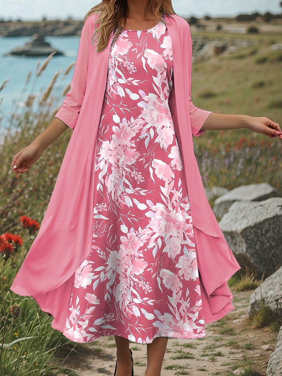 Pentru femei Set de rochii Rochie de schimb Rochie de vară Casual Floral Grafic Imprimeu Rochii Midi Lungime Manșon 3/4 Stil Nautic Zilnic Roz Îmbujorat Albastru piscină Mov Vară Primăvară Fit regulat 2025 - $36.99 –P6