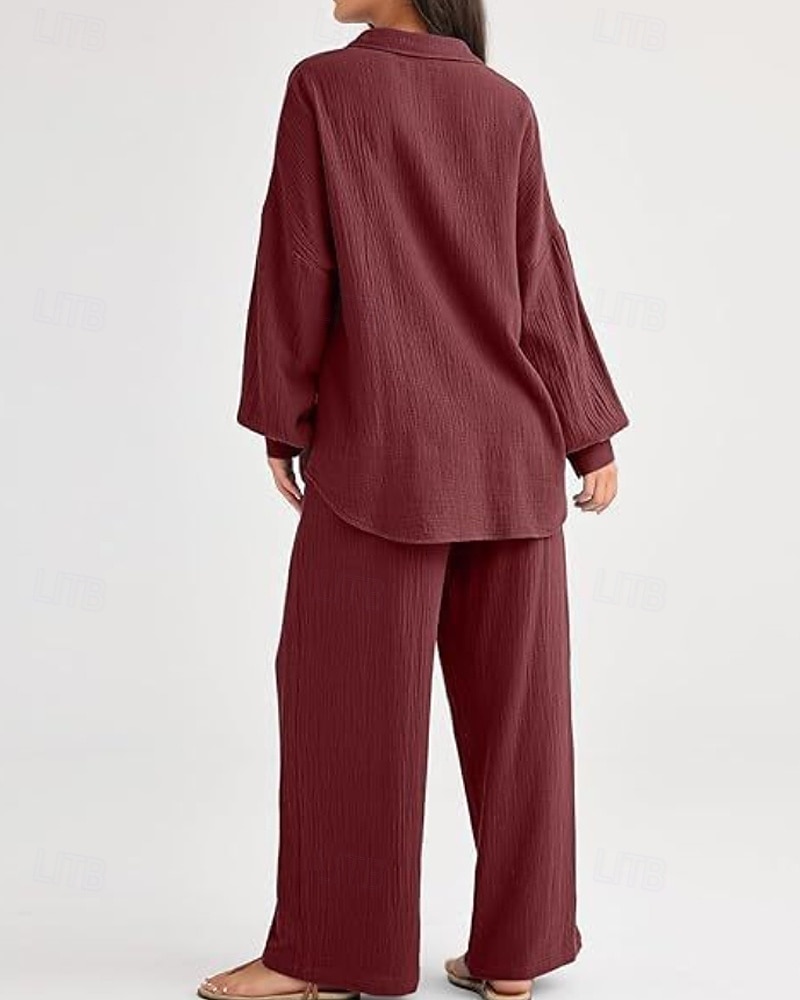 Women's Active Fashion Cotton Linen Shirts Cotton Linen Sets Blouse Long Sleeve Shirt Collar Solid Color Dubbele Rij Knopen Holiday Casual Daily Black Ivory Wine Summer Regular Fit 2025 - $37.99 –P8