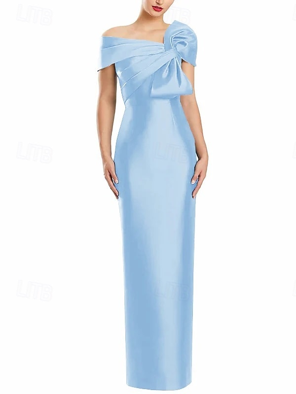 Robe de Soirée Fourreau  Colonne Élégante Robe Formelle Mariage Longueur de Sol Manches Courtes Épaule Dénudée Satin avec Nœud(s) de 2025 ? $119.99 –P3