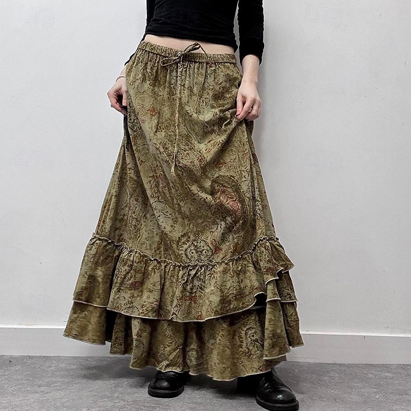 Damen Rock Rüschenrock Mode Boho Maxi Mittlere Hüfthöhe Röcke Blumen Rüsche Druck Mikroelastisch Urlaub Straße Braun Sommer Polyester 2025 - $25.99 –P2