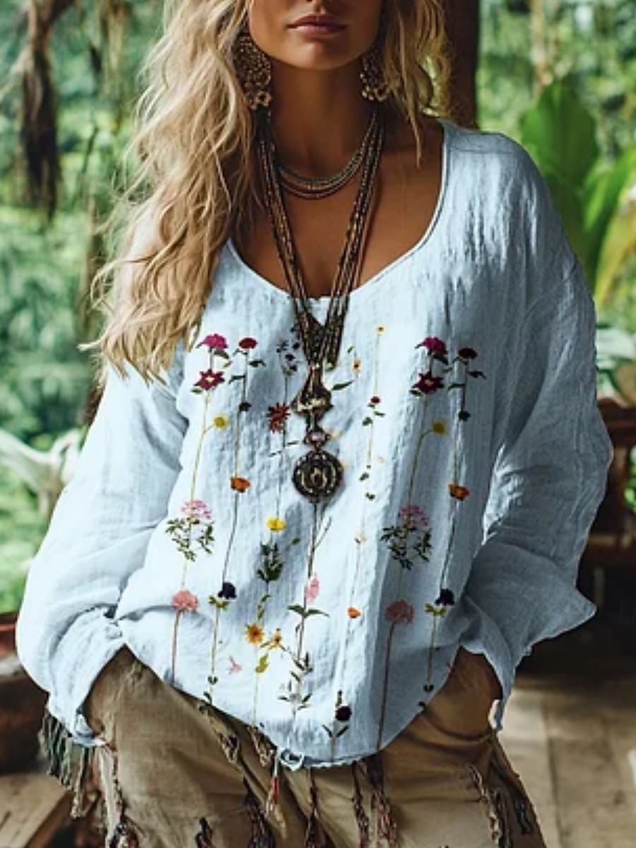 Bluză western pentru femei, cămașă boho, bluză cu imprimeu floral, modern, casual, mânecă lungă, decolteu în V, topuri regulate, zilnic, vacanță, ieșiri în oraș, imprimeu, alb, roz, albastru, vară, toamnă 2025 - $19.99 –P3