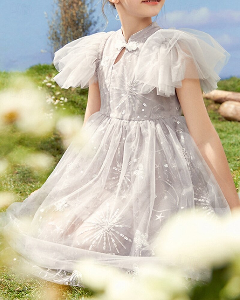 Kids Girls' Dress Flower Short Sleeve Outdoor Ruched Mesh Fashion Adorable Nylon Knee-length Casual Dress Tulle Dress Floral Dress Summer 4 years+ Purple 2025 - $58.99 –P1
