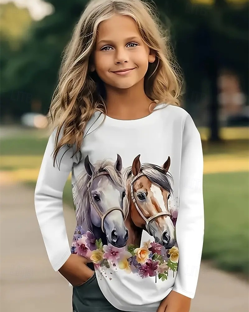 Девочки 3D Животное Лошадь Футболка Длинный рукав Весна Осень Мода Классический Дети 4-12 лет Вырез под горло на открытом воздухе Повседневные Стандартный 2026 - $13.99 –P1