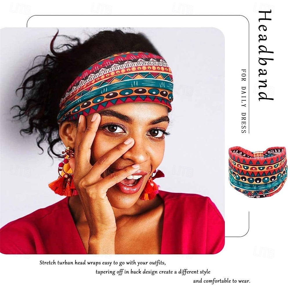 African Headbands Boho Knotted Hairbands Stretch Wide Head Wraps Elastic Yoga Turban Hair Scarfs Workout Printed Hair Accessories for Women Pack of 4 2026 - $11.99 –P7