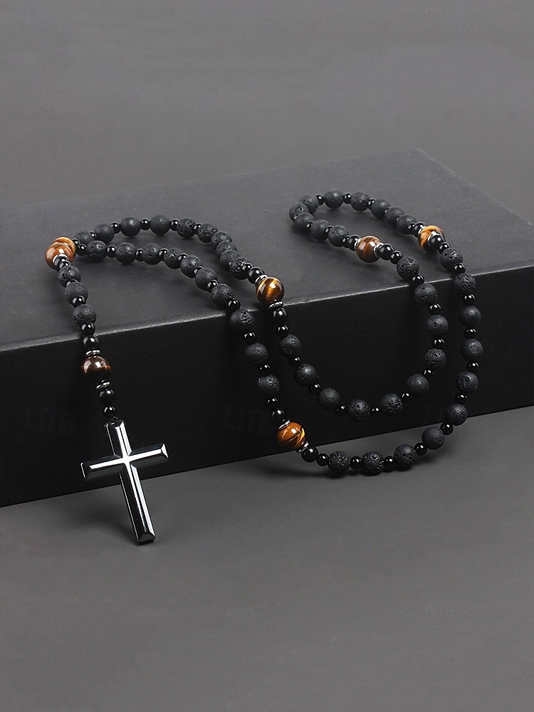 мужское ожерелье с крестом из черного лавового камня и тигрового глаза – духовное ожерелье из нержавеющей стали с бусинами регулируемой длины, идеальный подарок на день отца для повседневной и религиозной носки 2026 - $18.99 –P7