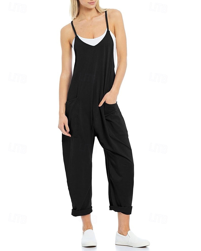 Femmes Normal Combinaison Occasionnel Couleur Unie Sans manches Col en V Avec Poches Sortir Week-end Coupe régulière Noir Vert Claire Vert Véronèse Été de 2025 ? $23.99 –P19