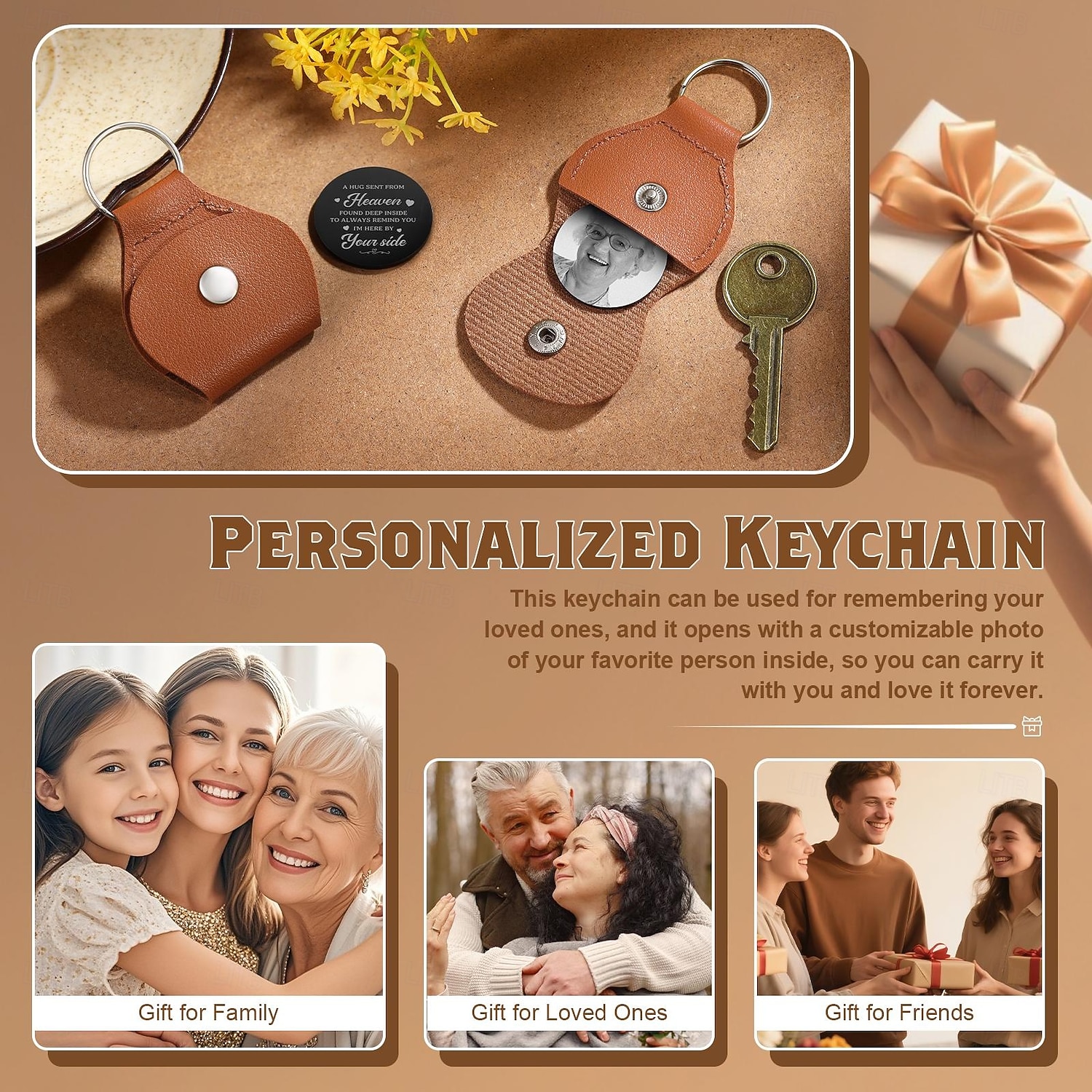 Portachiavi in pelle con foto commemorativa personalizzata, regali di condoglianze personalizzati per papà, mamma, amante, amico, festa del papà, festa della mamma, Natale, anniversario del 2025 a $10.99 –P3