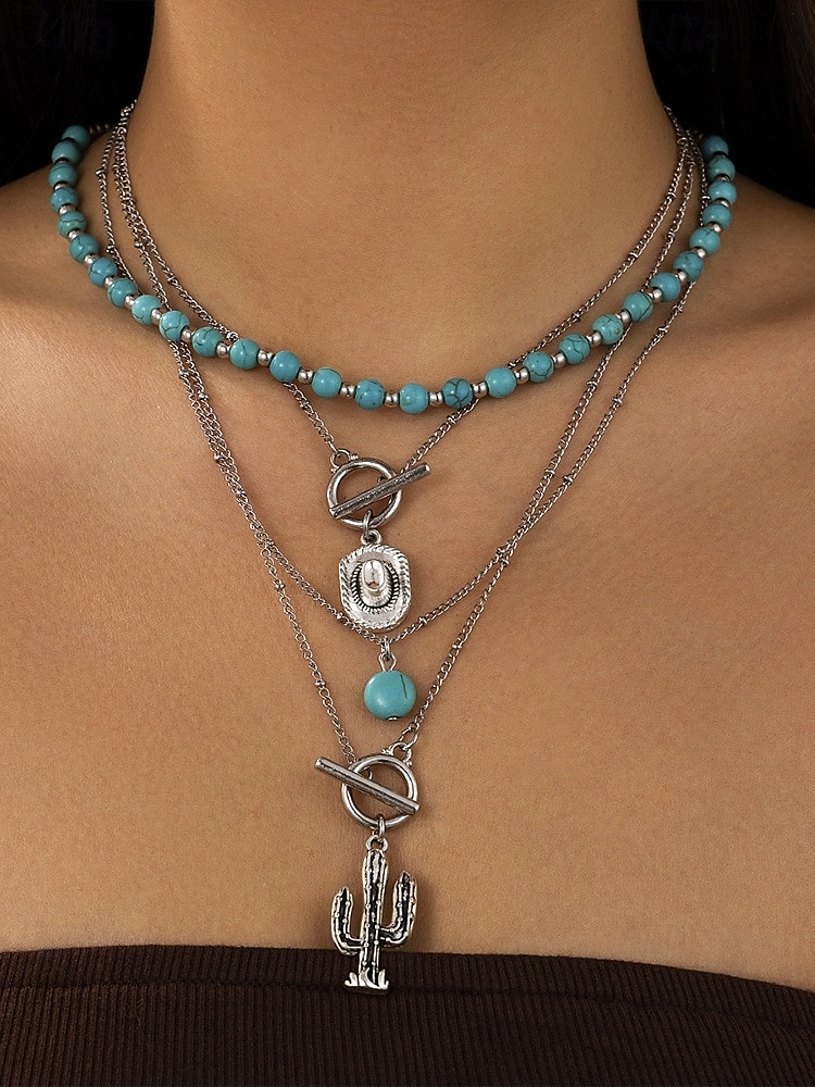 Women's Western Layered Turquoise Beaded Necklace Set – Boho Statement Jewelry with Cactus & Teardrop Charms, Ideal for Festivals, Country Concerts and Casual Wear 2025 - GBP £7.27 –P11