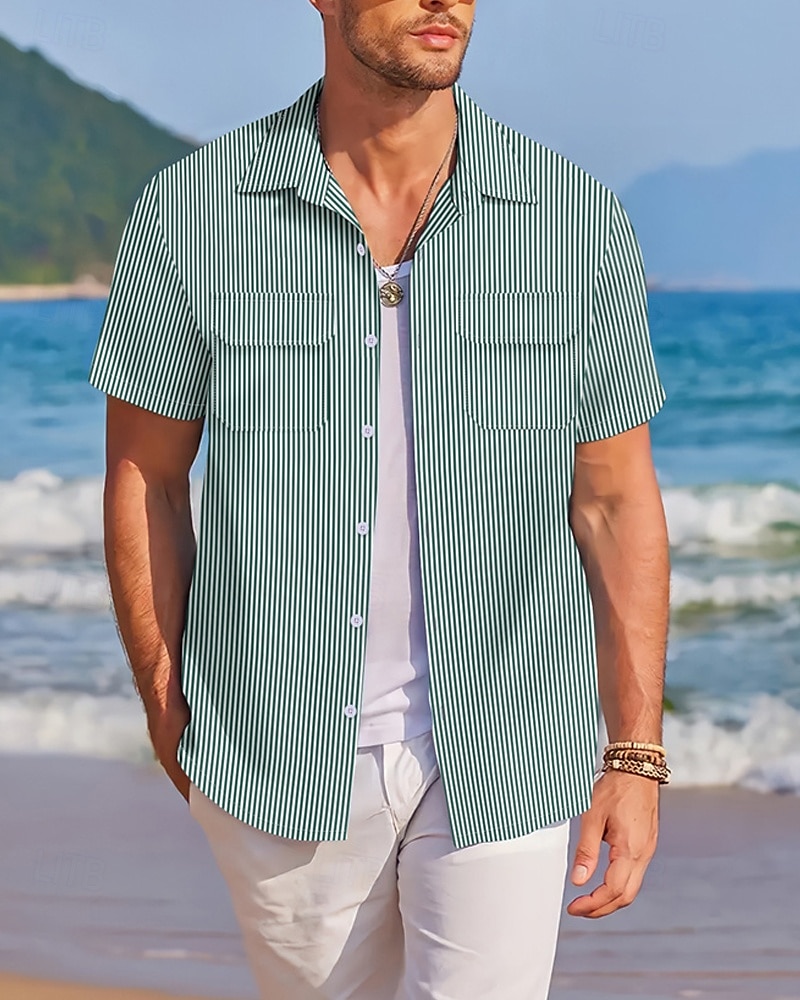 Herren Hemd Sommerhemd Freizeithemd Strandhemd Knopfhemd Rosa Wein Blau Grün Dunkel Blau Kurzarm Streifen Revers Urlaub Hawaiianisch Fronttasche Bekleidung Baumwollmischung Mode Lässig Bequem 2025 - $17.99 –P3