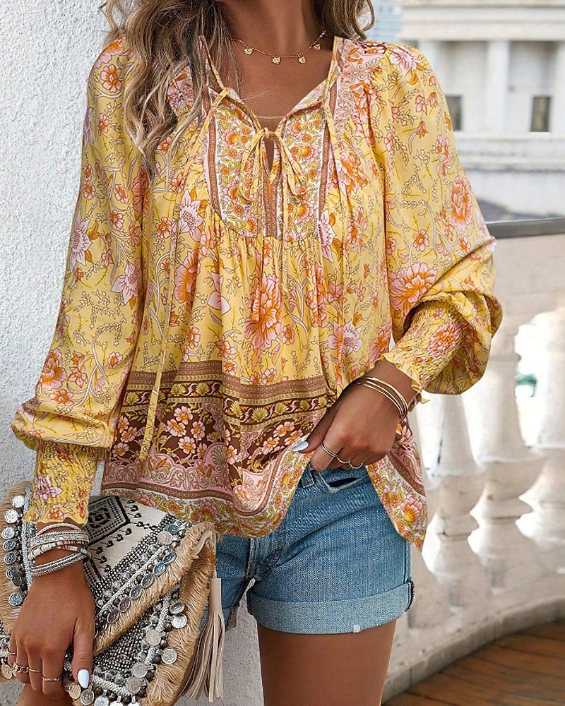 Women's Boho Shirt Blouse Flower Modern Boho Long Sleeve V Neck Regular Tops Daily Going out Print Yellow Pink Navy Blue Blue Orange Summer 2025 - $22.99 –P4