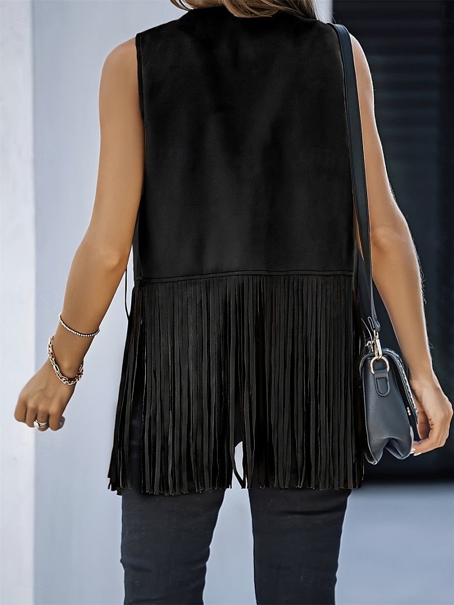 Mujer Chaqueta casual Chaleco Transpirable Cómodo Borlas Casual Plano Vacaciones Calle Casual Ropa Cotidiana Frente Abierto Regular Escote en Pico Ajuste regular Sin Mangas Ropa de calle Negro Rosa 2025 - $34.99 –P12