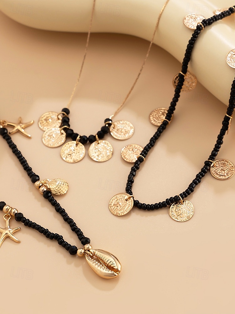 Ensemble de colliers à breloques coquillages et pièces de monnaie en perles dorées et bleues pour femmes – colliers superposés de style bohème de plage avec des accents d'étoiles de mer et de coquillages pour l'été et les vacances de 2025 ? $11.99 –P4