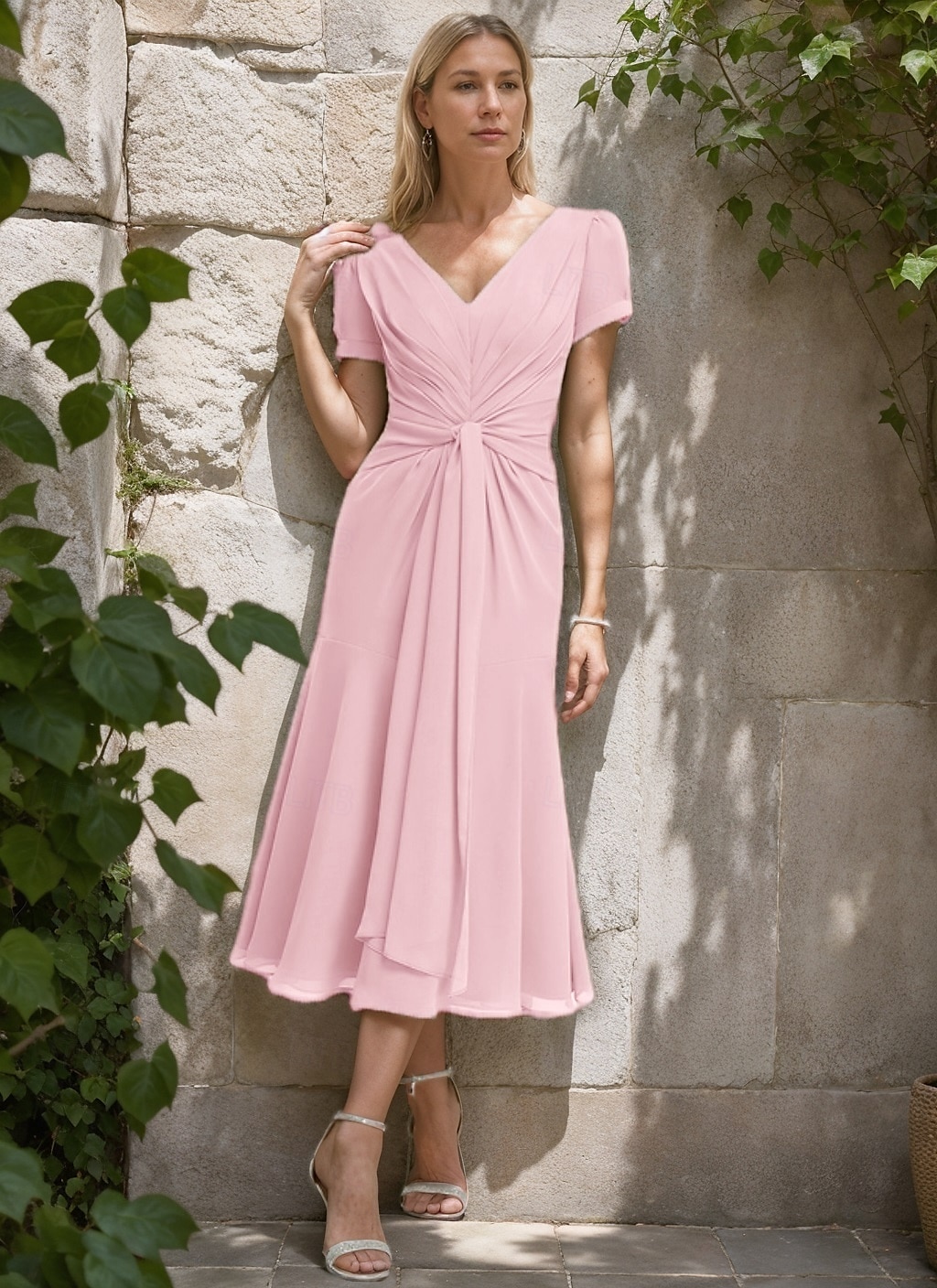 Ligne A Robe de Mère de Mariée  Élégant Simple Minimaliste Col en V Longueur thé Chiffon Manche Courte avec Plis Froncé 2025 de 2025 ? $125.99 –P5