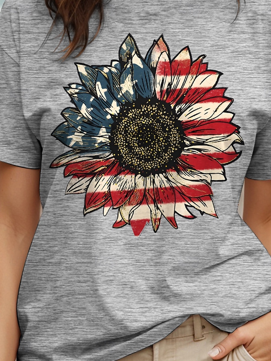 Kvinners patriotiske T-skjorte bomull skjorte grafisk flagg solsikke casual kortermet rund hals vanlige topper daglig trykk svart hvit grå sommer vår 2025 - $19.99 –P3