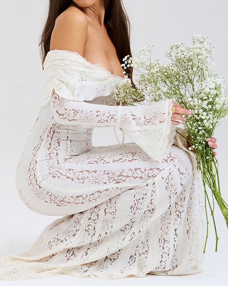Dámské Dlouhé šaty Maxi šaty Krajkové šaty Šaty na ples Šaty na párty Elegantní Módní Párty Zvláštní příležitosti Večerní oslava Běžný Bez vzoru Dlouhý rukáv Pod rameny Černá Bílá Léto 2025 - $35.99 –P13