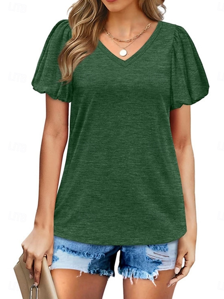 Femmes Chemisier Couleur Unie Quotidien Élégant Occasionnel Manche Courte Col en V Hauts Réguliers Quotidien Noir Blanche Vert Été Printemps de 2025 ? $17.99 –P7