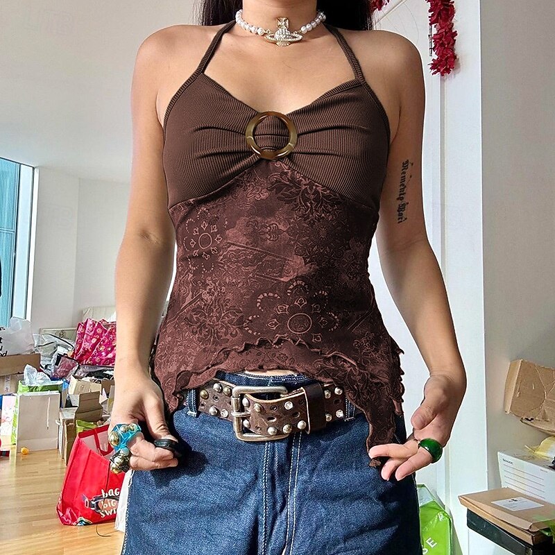 Pentru femei Cămașă Boho Bluză Floare Modern Boho Fără manșon Gâtul halter Topuri obișnuite Zilnic Concediu Ieșire Imprimeu Maro Trifoi Vară 2025 - $21.99 –P16