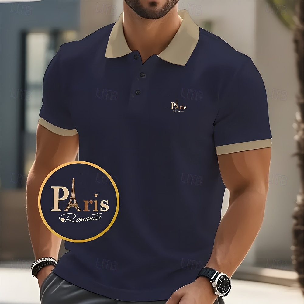 Men's Text Eiffel Tower Polo Short Sleeve Polo Shirts Collared Shirts Business Casual School Athleisure Daily Wear 3D Print Summer Black Pink Navy Blue 2025 - $23.99 –P7