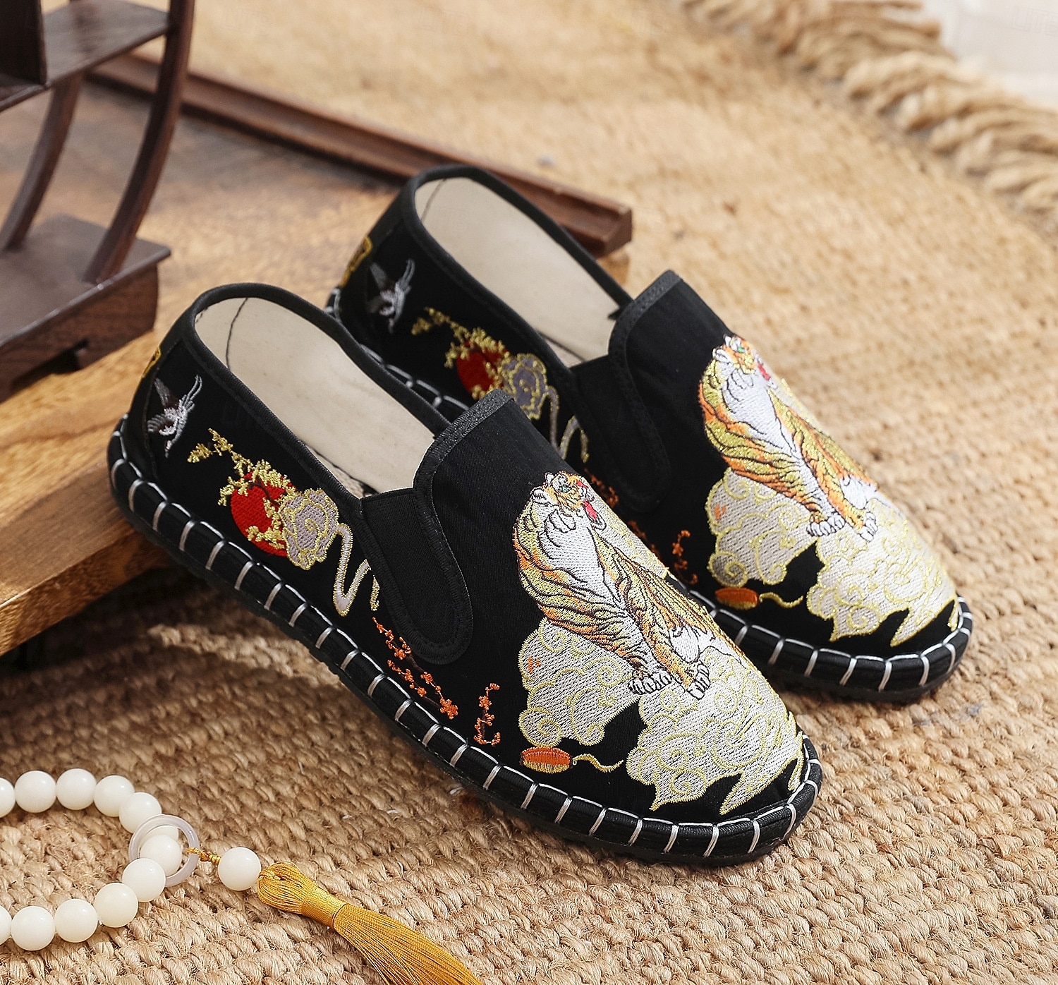 Pánské bílé espadrilky nazouvací boty s uměleckou výšivkou - stylová obuv s jedinečným tygřím designem 2025 - $42.99 –P5
