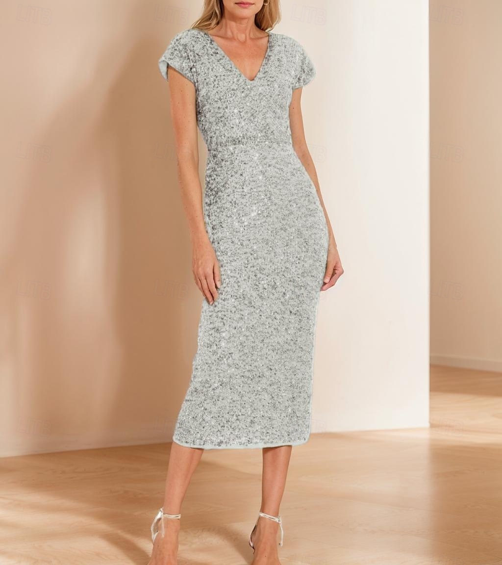 Robe fourreau/colonne en dentelle à paillettes vert bleu pour mère de la mariée, élégante, simple et luxueuse, col en V, longueur thé, longueur midi, tulle, manches courtes, 2025 de 2025 ? $149.99 –P6