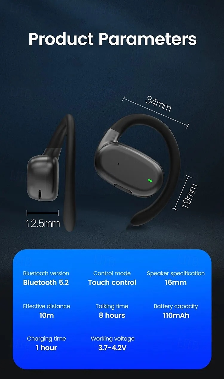 YJ76 TWS Ear Hook Headphones Bluetooth 5.2 – Open-Ear Design, HiFi Stereo, Noise Cancelling Mic, Long Battery Life, Waterproof, for Workout Travel Gaming 2025 - $20.99 –P12