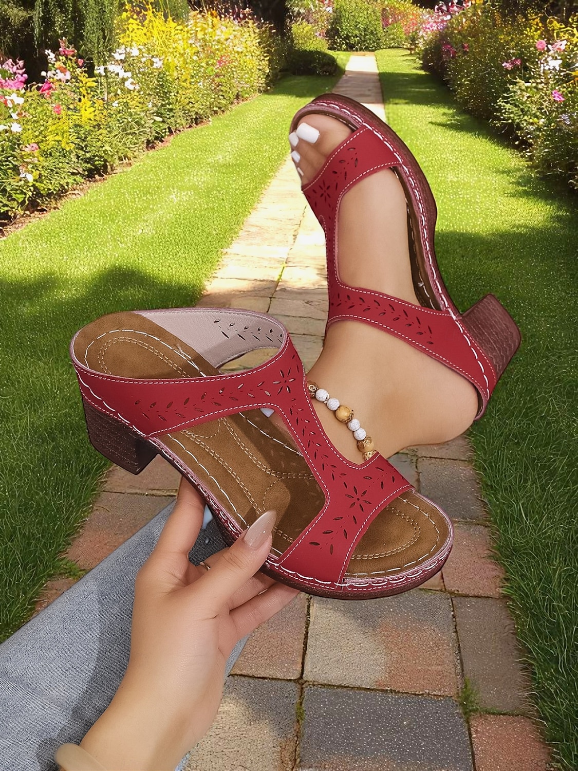 sandali da donna con cinturino a T rosso - tacco comodo e design traforato, ideali per abbigliamento casual ed eventi estivi alla moda del 2025 a $24.99 –P5