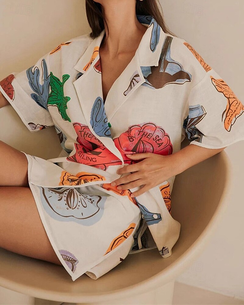 Mulheres Moda Roupa de rua Camisas de algodão e linho Conjuntos de linho de algodão Conjuntos de saia Manga Curta Colarinho de Camisa Estampado Imprimir Roupa Diária Encontro Branco Verão Normal de 2025 por $41.99 –P2