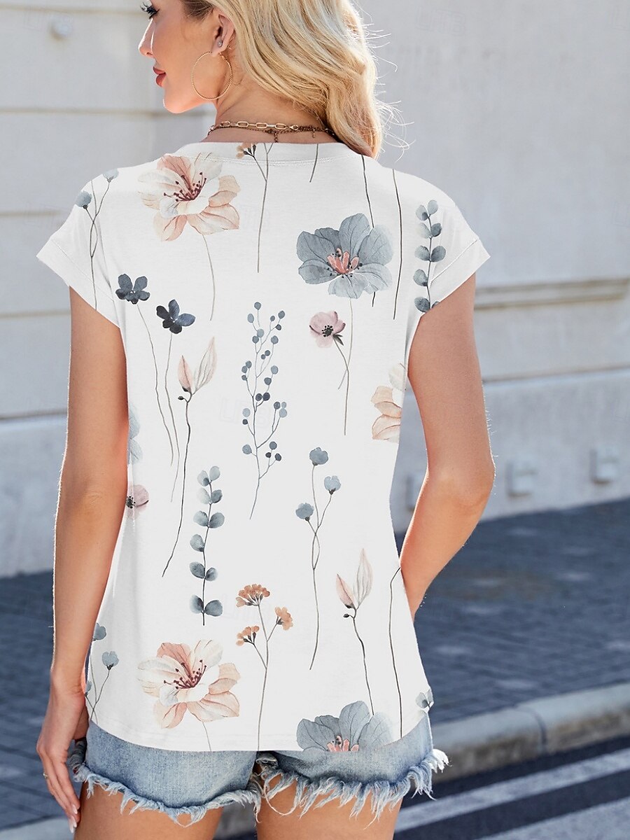 Dame Skjorte Nyanse Blomstret Grafisk Tropisk Stilfull Fritid Kortermet Crew-hals Vanlige topper Daglig Trykt mønster Hvit Blå Grønn Kakifarget Sommer 2025 - $16.99 –P17