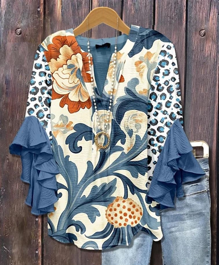 Women's Retro Blouse Layered Ruffle Sleeve Tops Vintage Floral Graphic Bohemia Vintage Daily 3/4 Length Sleeve V Neck Regular Tops Daily Holiday Vacation Wear Print Blue Khaki Summer Spring Fall 2025 - $29.99 –P1