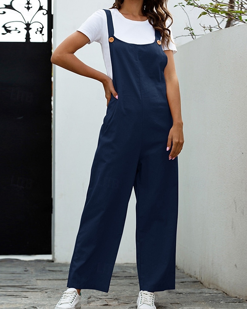 Femmes Normal Pantalon en coton et lin Basique Couleur Unie Sans manches Col en U Avec Poches Rue Sortir Coupe régulière Noir Blanche bleu marine Été de 2025 ? $29.99 –P5