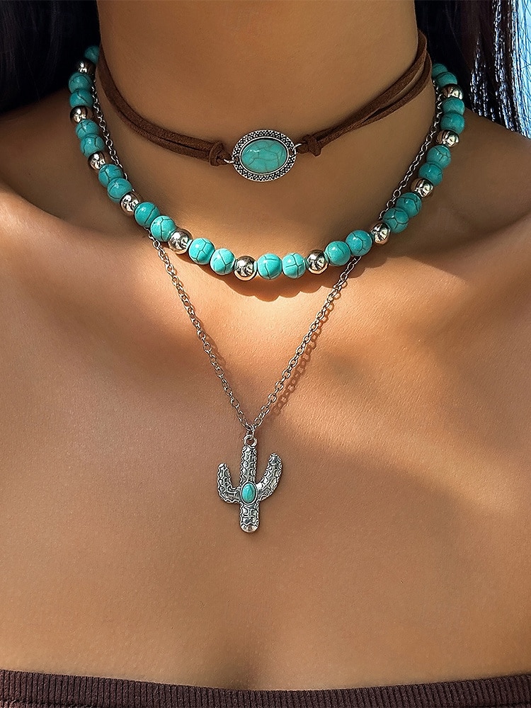 Women's Western Layered Turquoise Beaded Necklace Set – Boho Statement Jewelry with Cactus & Teardrop Charms, Ideal for Festivals, Country Concerts and Casual Wear 2025 - GBP £7.27 –P1