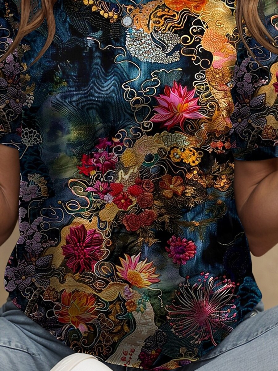 Femmes T-shirt Fleuri Graphique Plantes Bohème ancien Élégant Manche Courte Col ras du cou Col rond Hauts Réguliers Quotidien Sortir Week-end Imprimé Jaune Bleu Violet Vert Été Printemps de 2025 ? $21.99 –P3